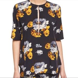 Theory Women's Black Floral Keyhole Blouse with Yellow and Gray Roses